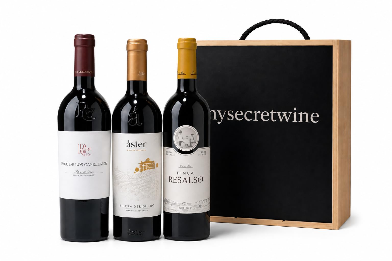 Pack Ribera del Duero – Pago de los Capellanes + Áster + Finca Resalso Emilio Moro | 3 Botellas de Vino Tinto Tempranillo 75 cl | Estuche de Madera MySecretWine | Selección para Regalo