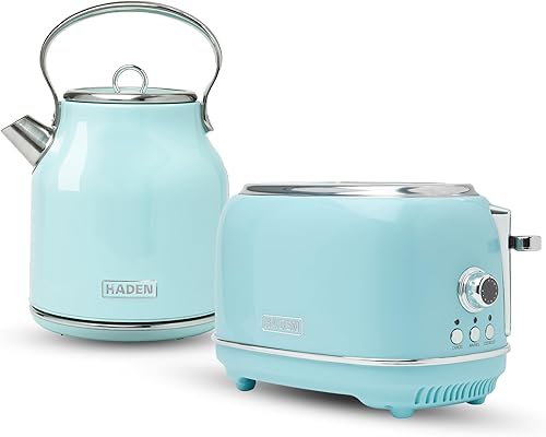 Haden Heritage - Tetera eléctrica de acero inoxidable de 1,7 litros con tostadora Heritage de 2 rebanadas de ranura ancha de acero inoxidable, color