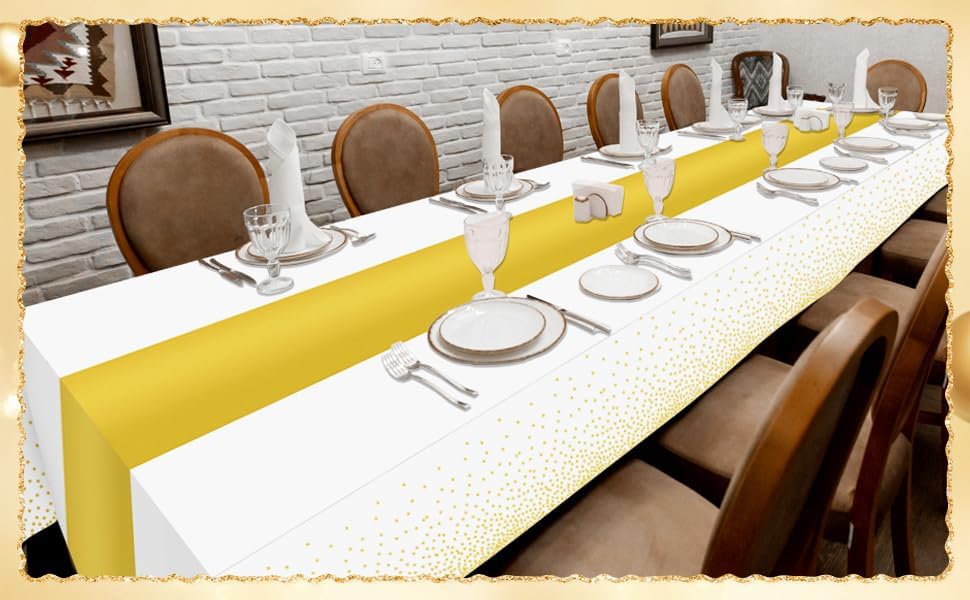 Miniatura 5 de hapray Paquete de 4 manteles de plástico para mesas rectangulares, manteles desechables de fiesta, fundas de mesa de puntos dorados para