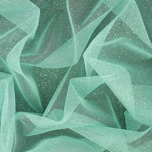 TELA DE MALLA TUL FIRME CON CHISPAS DE PURPURINA POR METROS SERIE SENKO, ANCHO 150cm (VERDE AGUA, 1 METRO)
