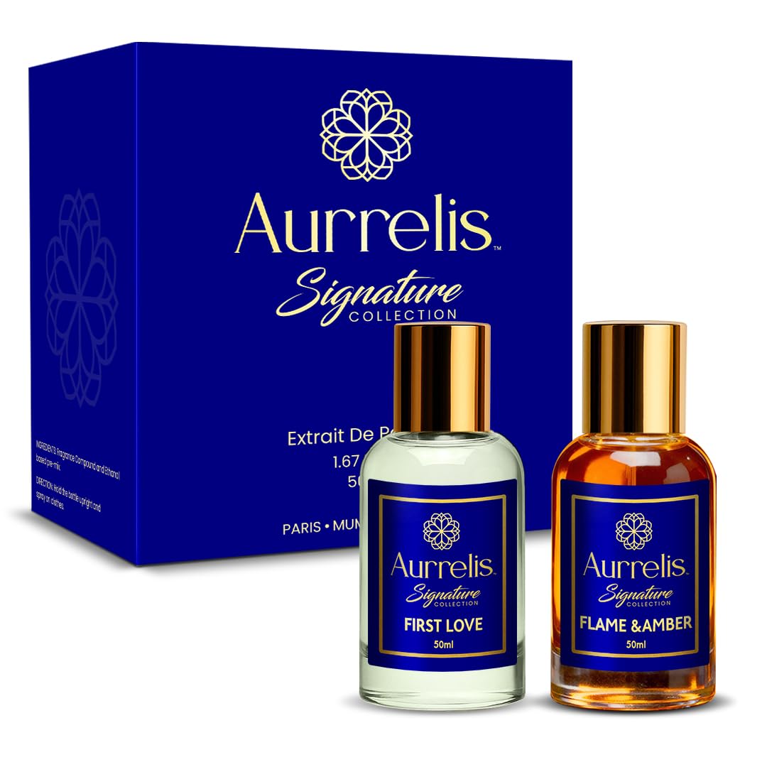 Aurrelis Signature Extrait De Perfume Combo Pack of 2 – First Love & Flame & Amber Extrait De Perfume | 18 Hours Long Lasting | Long‑Lasting Unisex | Luxury Fragrance Gift Set for Men & Women (50 ml × 2)