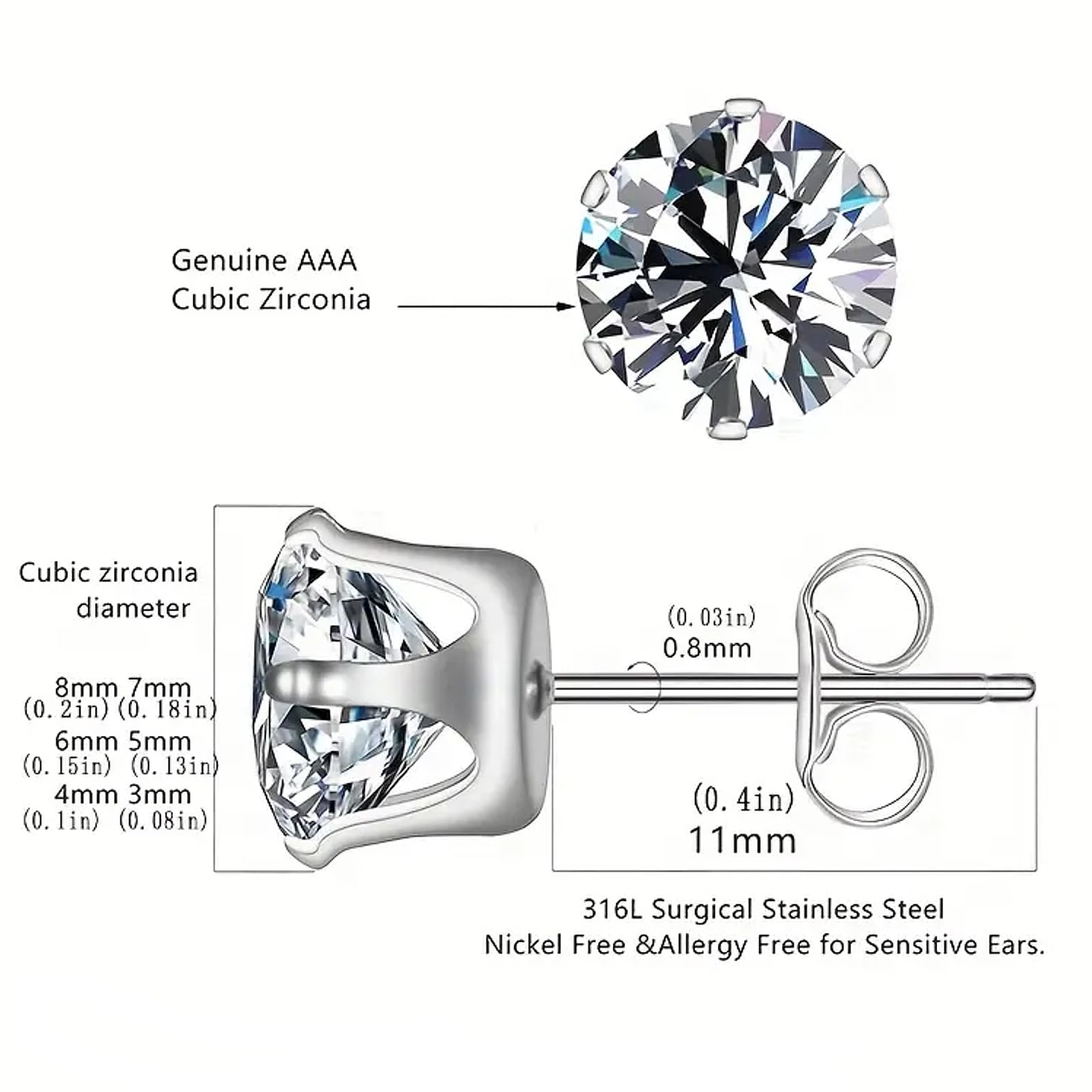 Yohong Orecchini Uomo Diamante, Orecchini in Acciaio Inossidabile, Orecchini Anallergici Donna, Orecchini Punti Luce, Brillantini Diamante Orecchino 3~8 mm (6 Paia)
