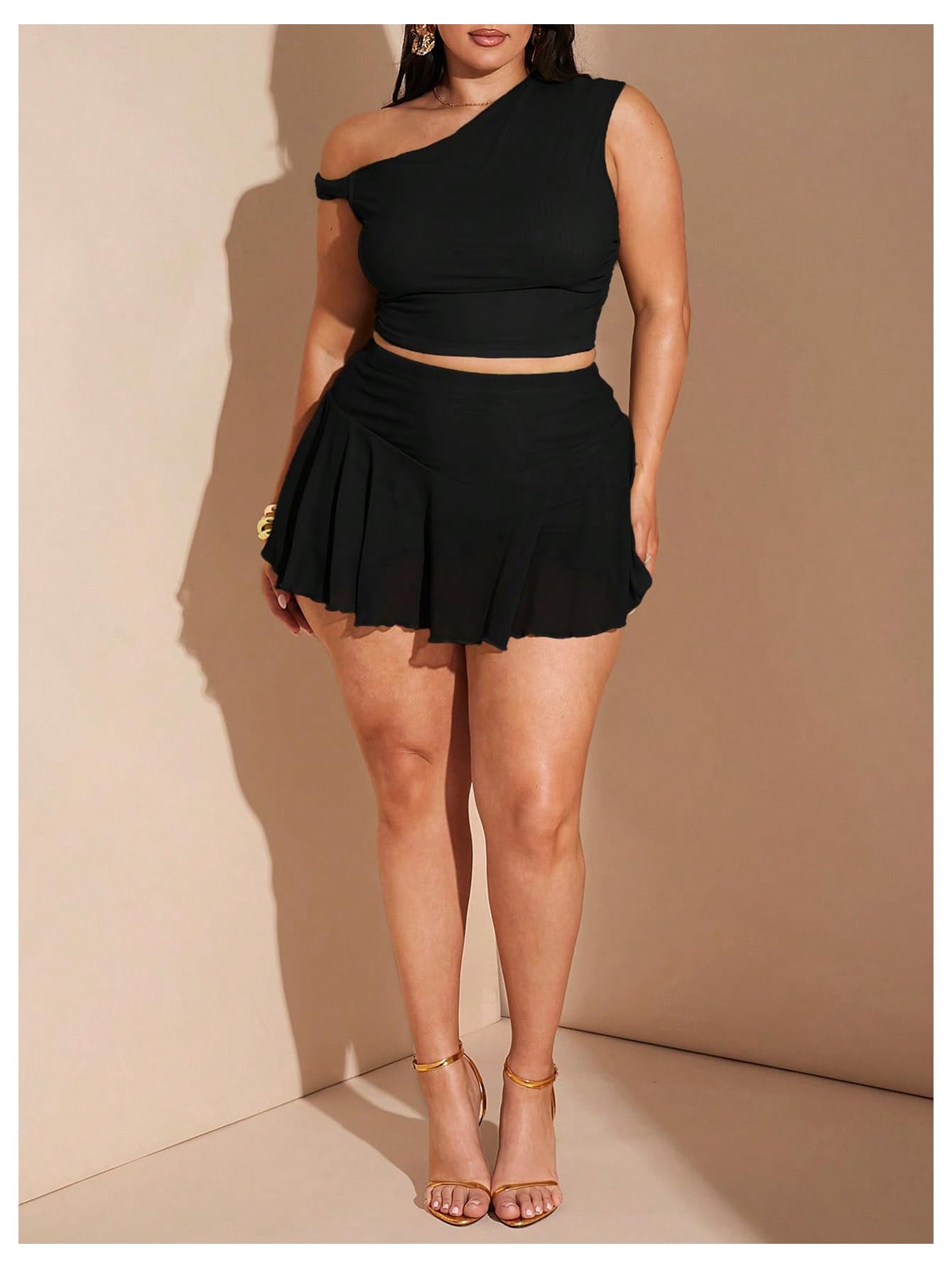 Verdusa Women's Plus Size 2 Piece Outfits Mesh Off Shoulder Crop Tops with Ruffle Skirt Summer Clothing Set: 4X-Large Plus Black