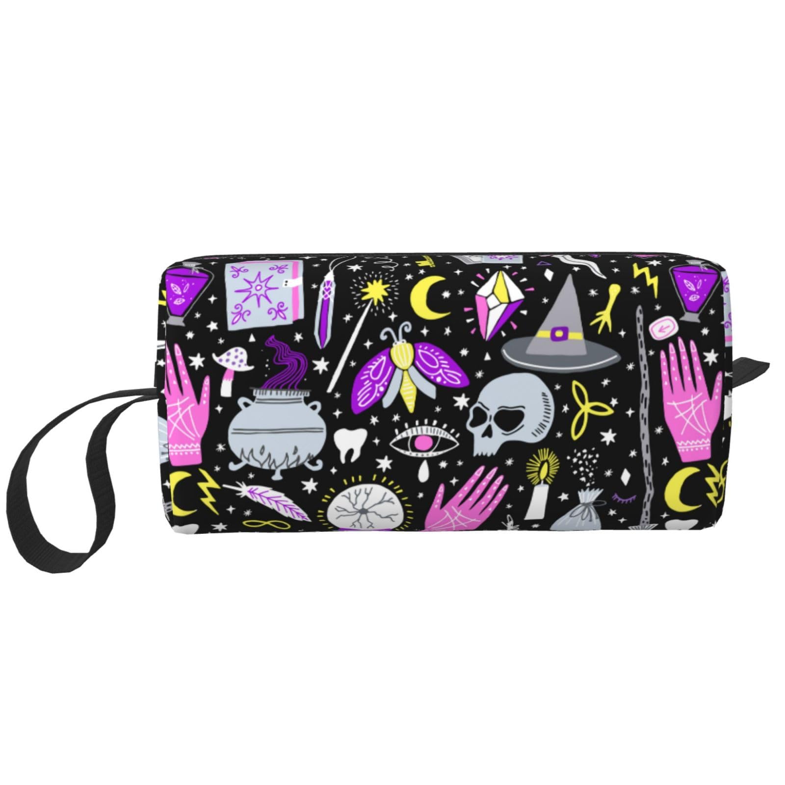 JKJOJIA Magic Witch Goth Gothic Witchy Skull Makeup Bag Organizer Small Cosmetic Bags Portable Travel Toiletry Bag With Handle Simple Accessories