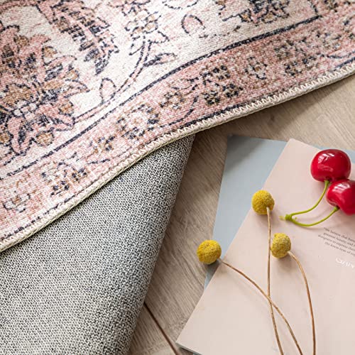 Fashriend Doria Machine Washable Runner Rug 2'6''×9' Non-Slip Foldable For Hallway Kitchen Foyer Bedroom Entrance Walkway Boho Bohemian Vintage Persian Pink #TOP2
