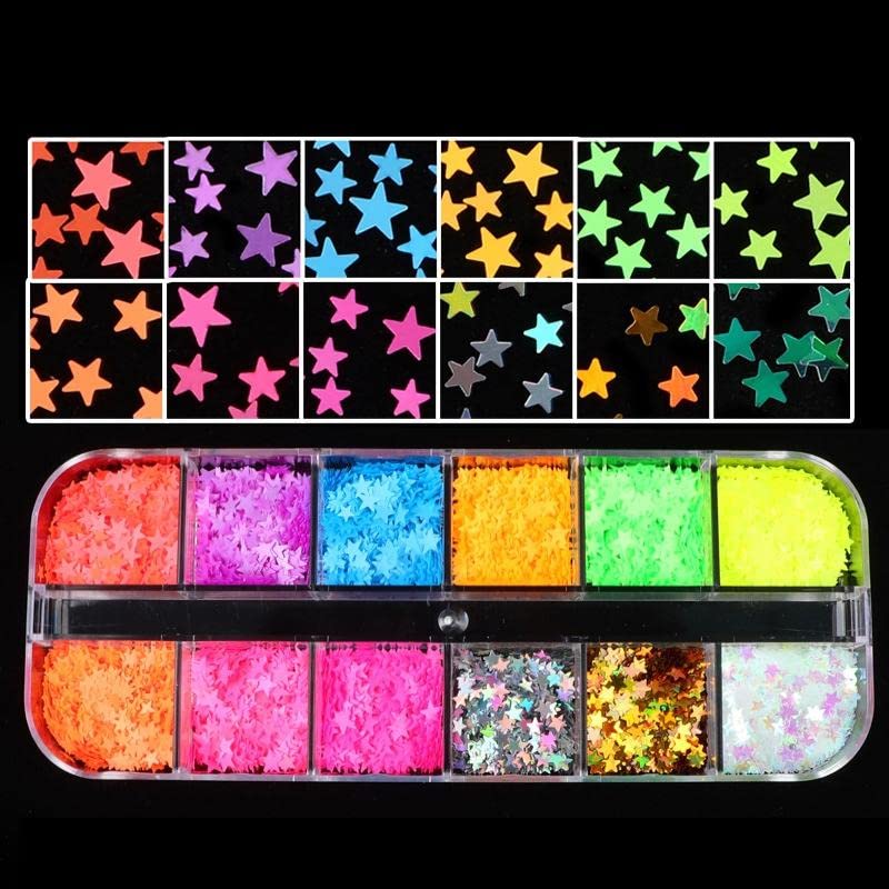 S.A.V.I 12 Grids Multicolor Star Fluorescent Sequins Nail Art Design DIY For Manicure