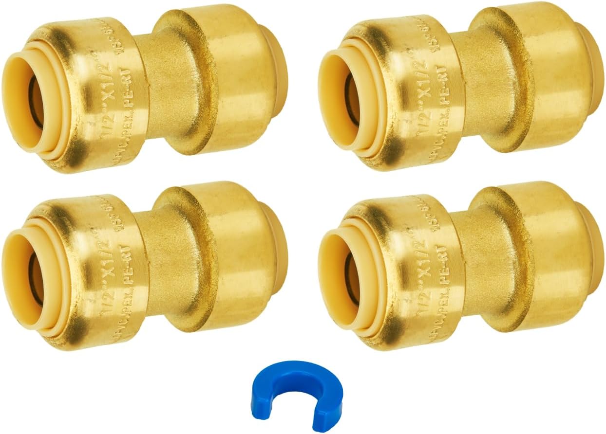 SUNGATOR Pushfit 1/2 Inch Coupling, Push Plumbing Fitting 1/2 Inch, No Lead Brass Push to Connect Pex Pipe, Copper, CPVC, with 1 Disconnect Clip, Pack of 4