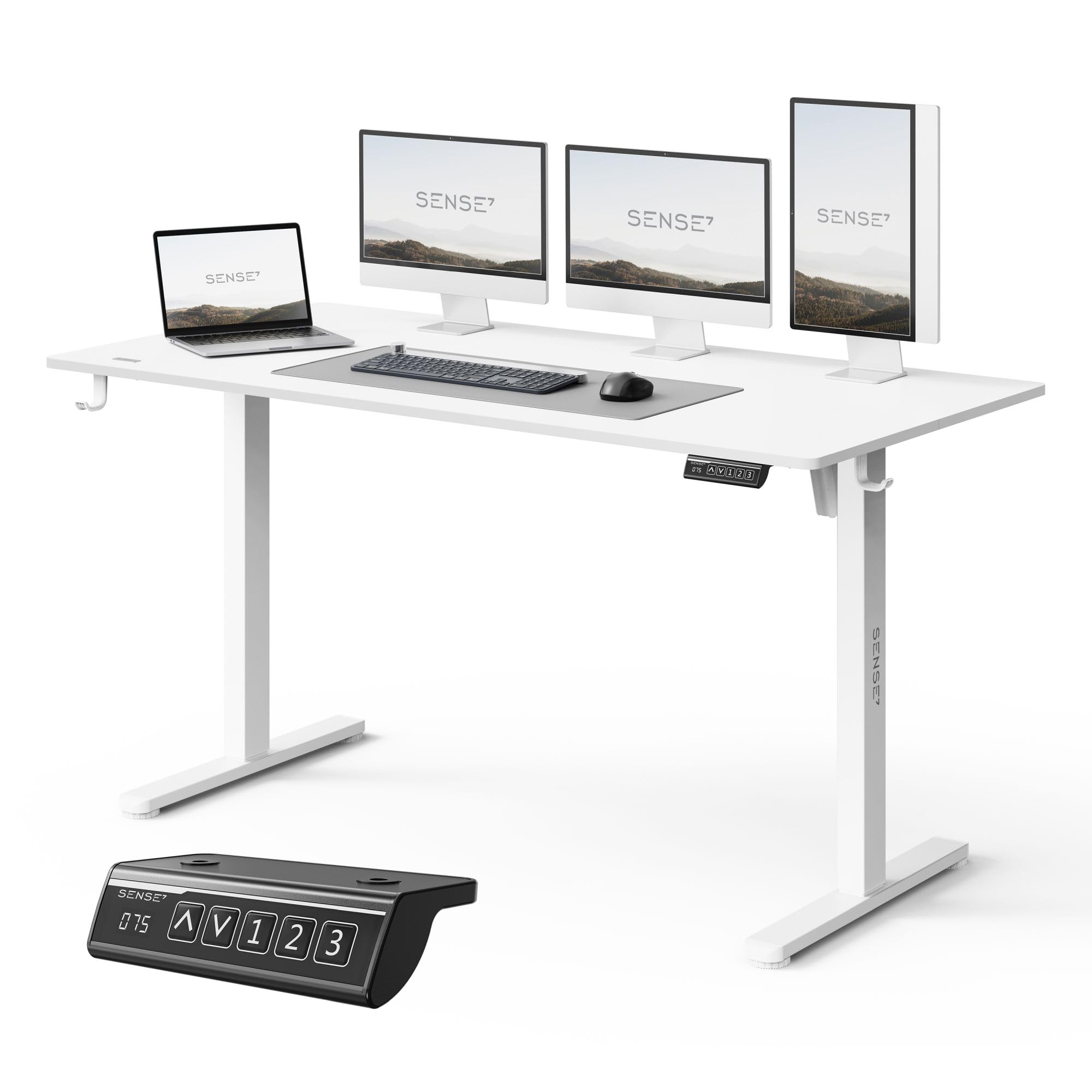 SENSE7 Nojo Light Bureau Électrique Blanc 140x70cm, Charge 70kg – Grand Bureau Minimaliste avec Mémoire & Moteur Silencieux