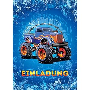 JuNa-Experten Lot de 12 cartes d’invitation pour anniversaire d’enfant ou adulte garçon Motif monstre camion