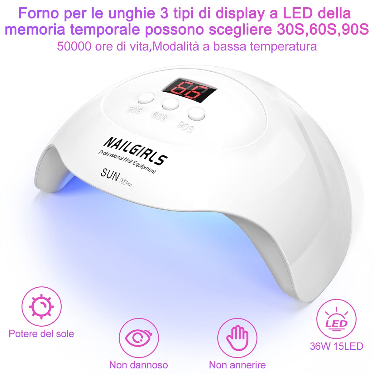 NAILGIRLS Asciuga Unghie,Lampada Nails led UV 3 Timer e Sensori Automatici 36W Fornetto Unghie Migliore Lampada Led Unghie Professionale Per Manicure Pedicure Lampada Asciuga Smalto Semipermanente