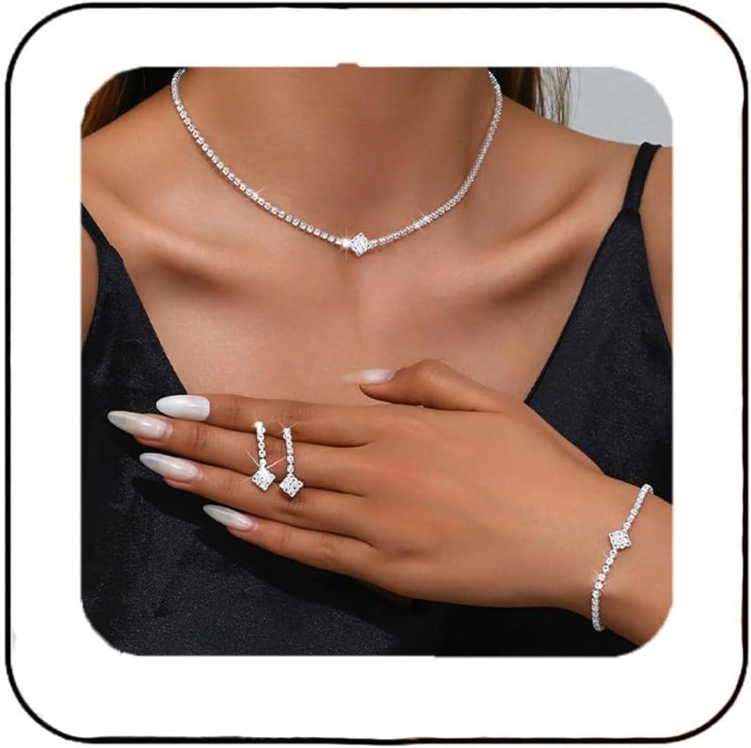 Silver Wedding Jewellery Set, Sparkling Rhinestone Necklace, Earrings and Bracelet, Bridal Jewellery Set for Women, Elegant Silver Jewellery Set, Rhinestone Necklace Bridal Jewellery