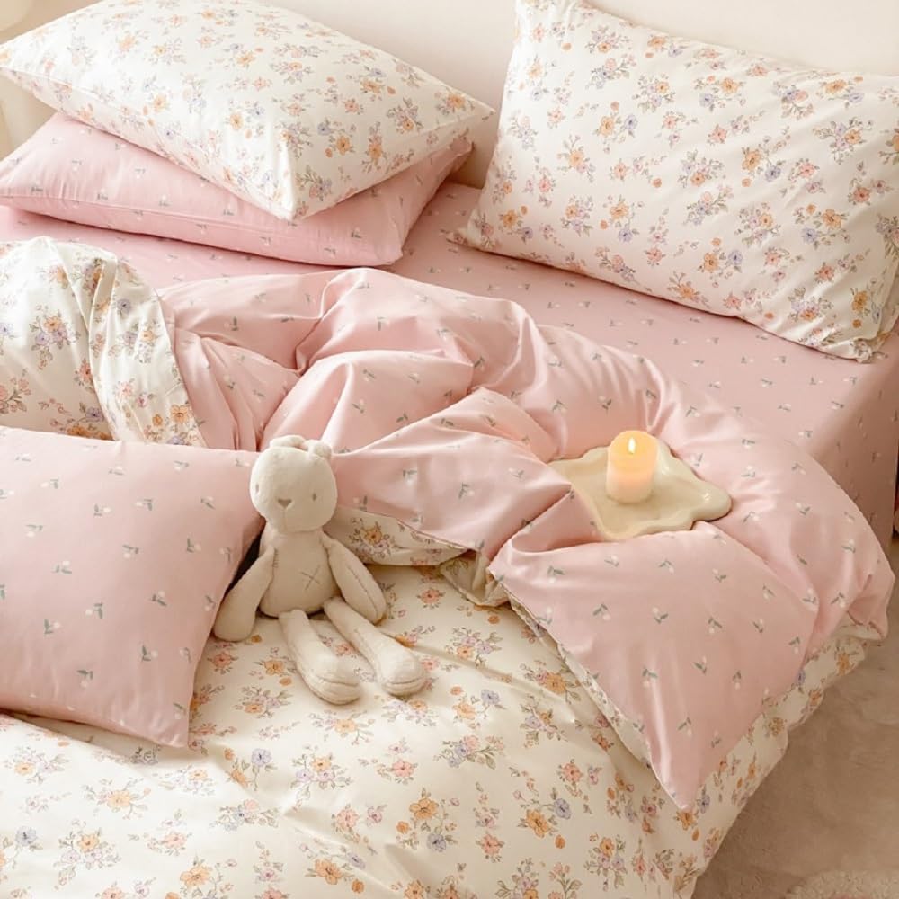Lanqinglv Bettwäsche 220x240 cm Rosa Weiß Blumen Blätter Wendebettwäsche Romantisch Bettbezug mit Reißverschluss und 2 Kissenbezug 80x80,ÖkoTex Bettwäsche für Allergiker Geeignet