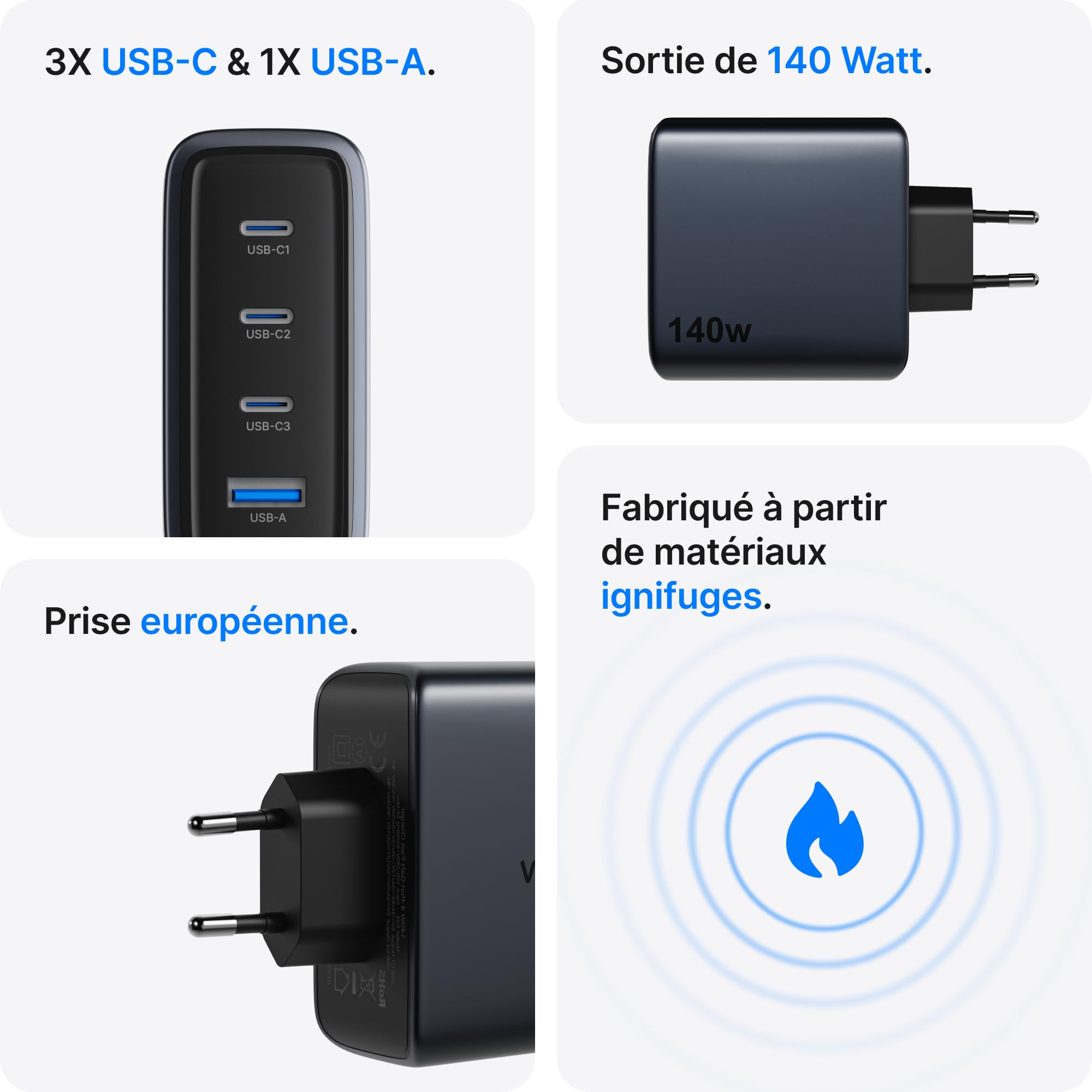 Voomy Adaptateur de Charge USB C 140W 4 en 1, Chargeur Rapide GaN pour Ordinateur Portable, Tablette et Smartphone (140, Watts)