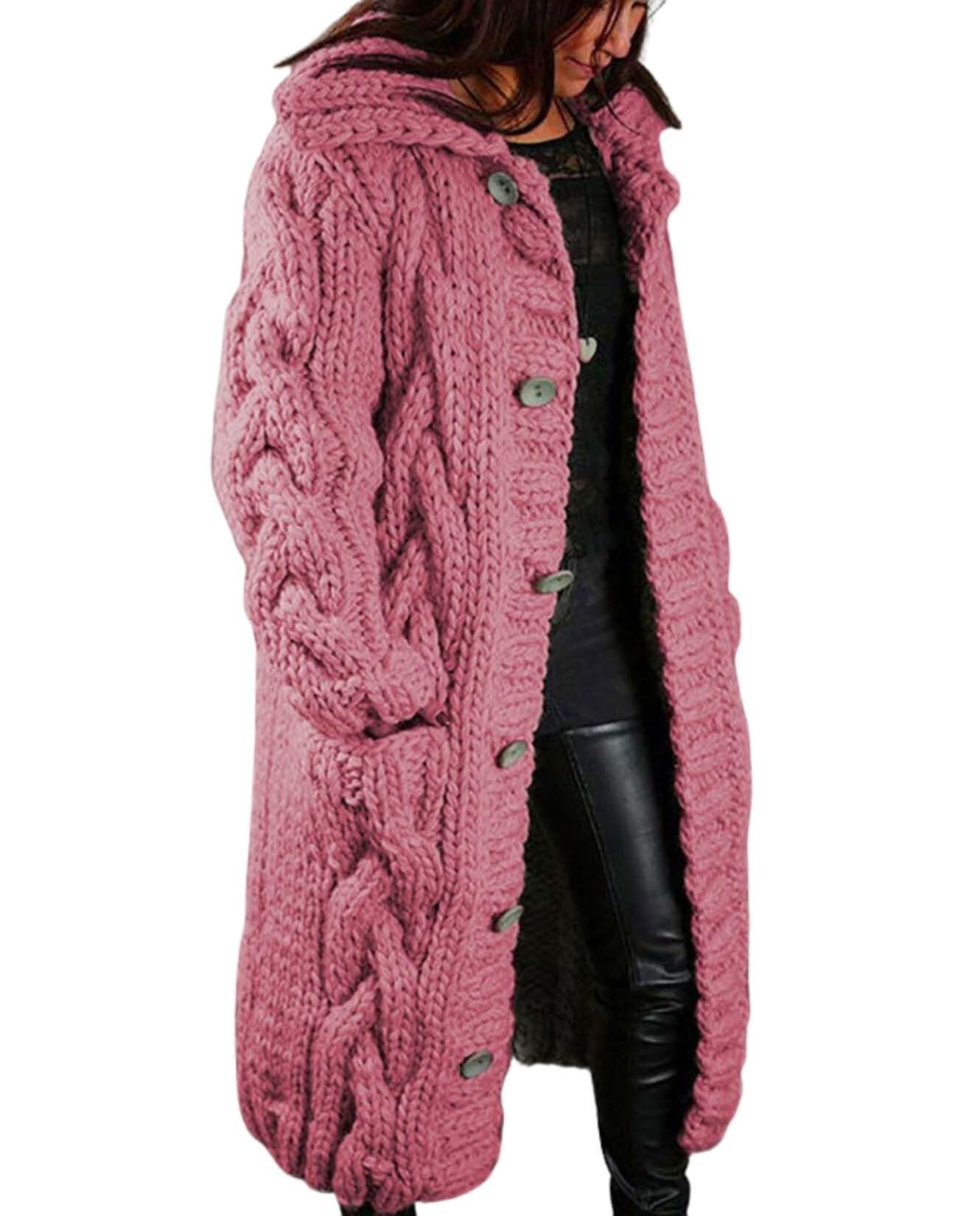Long Cardigan Chunky Sweater for Women Long Sleeve Button Down Cable Knit Oversized Sweaters with Pockets