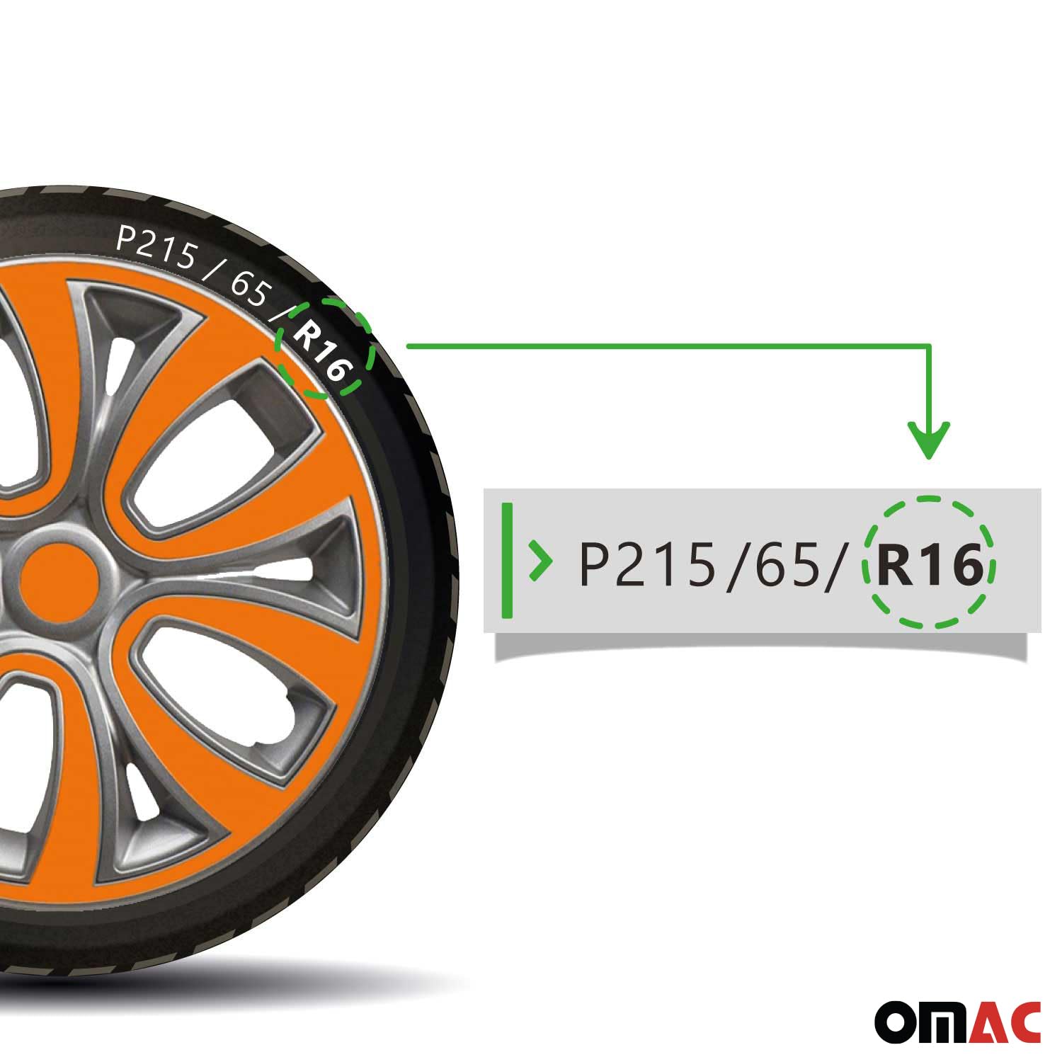 OMAC Lot de 4 enjoliveurs 16" compatibles avec voiture ABS | Enjoliveurs pour jantes en acier | 1 jeu (4 pièces) gris/orange avant et arrière