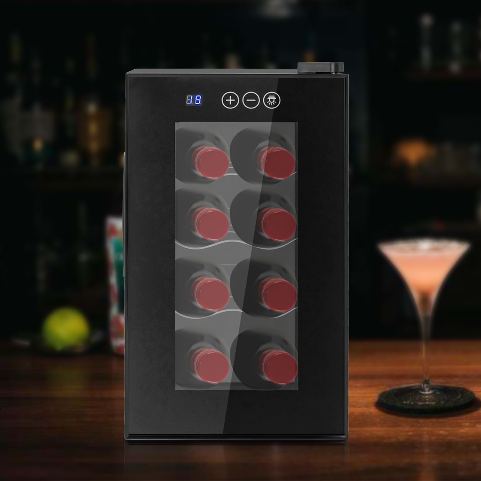 Wine Cooler Refrigerator, 8 Bottle Beverage Refrigerator Cooler with Built-In Led Light Precise Temperature Control & Touch Panel Wine Fridge Mini Wine Cellar for Home Office Hotel Bar Club Etc