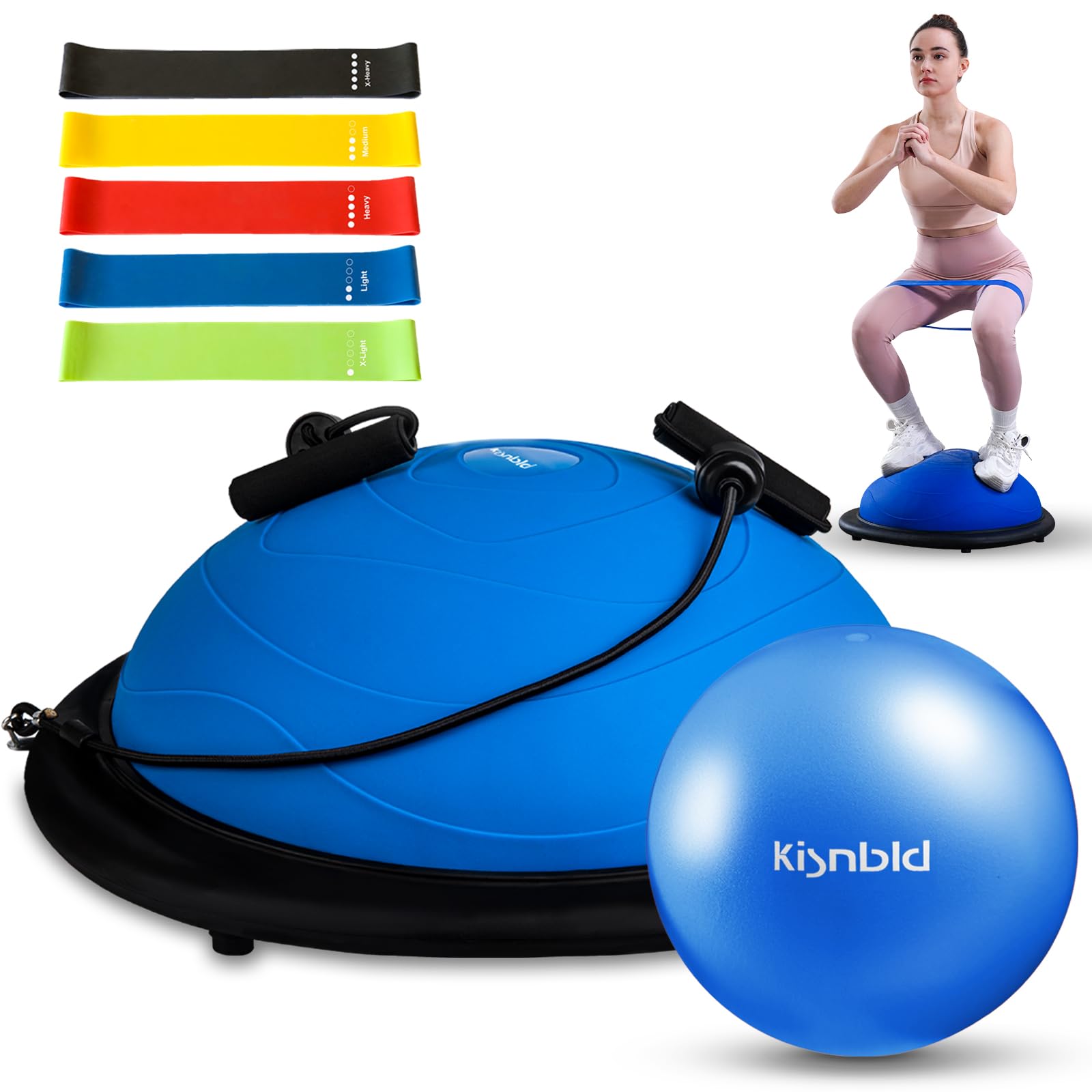 kisnbld Half Balance Ball Trainer, Inflatable 19/23 Inch Half Exercise Ball with Resistance Bands and Pilates Ball, Non-Slip 660lbs Capacity Yoga Ball