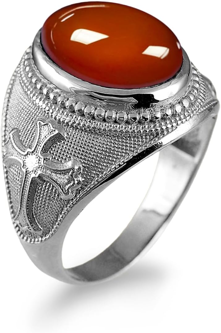 LA BLINGZ Sterling Silver Fleur De Lis Cross Oval Cabochon Customizable Gemstone Ring