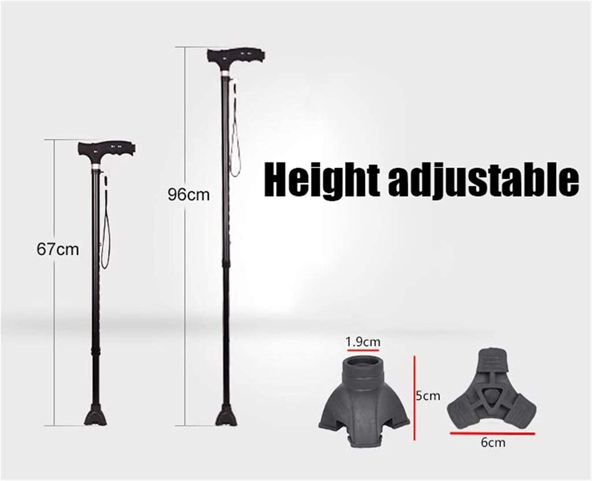 Bastón portátil para Caminar, bastón para Caminar, muleta para Ancianos, telescópico, Estable, Antideslizante, Ligero, Altura Ajustable con luz LED, Color Negro, Bastones