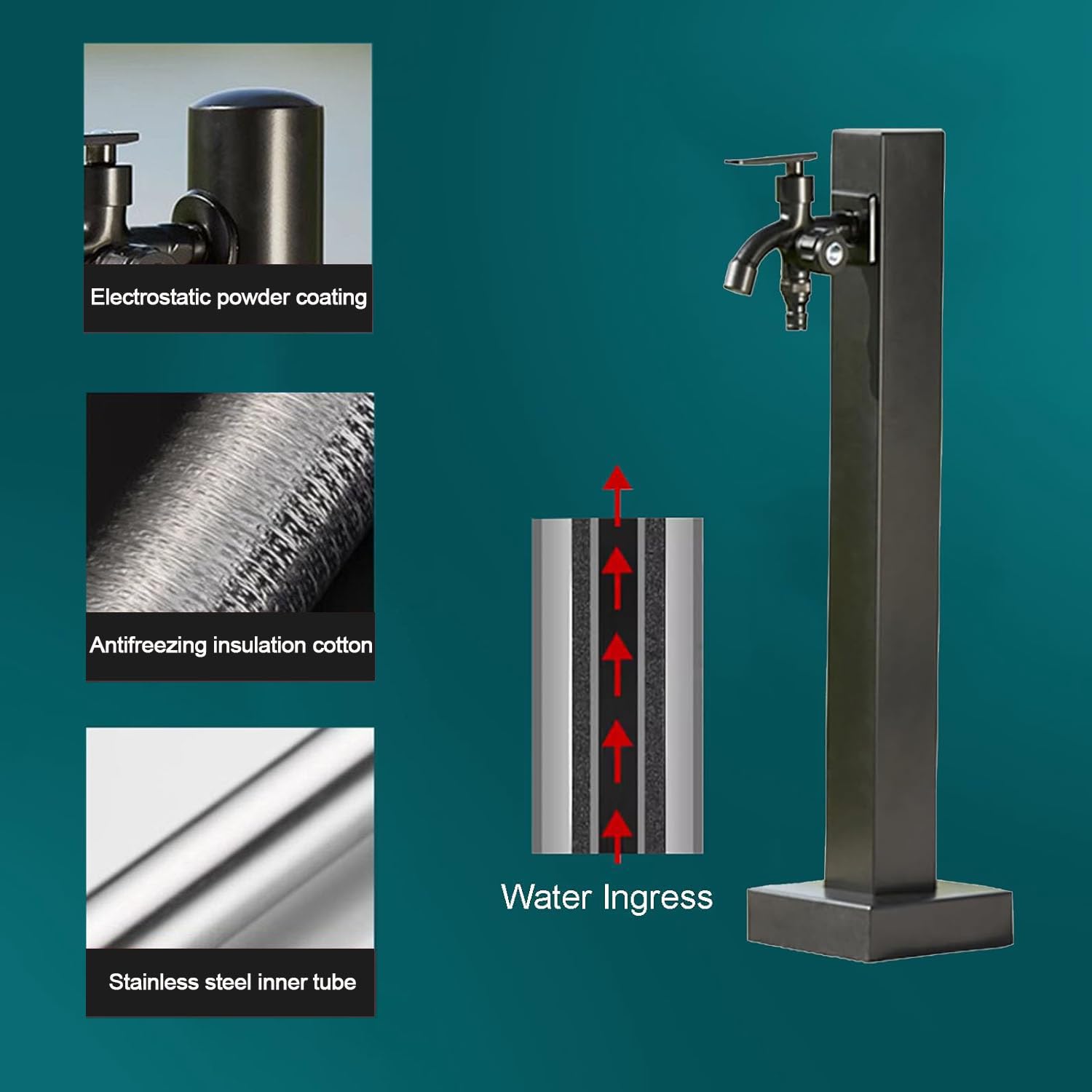 Colonna Del Rubinetto da Giardino In Acciaio Inossidabile 304, Fontana D'acqua Indipendente con Rubinetto A Doppia Uscita E Tubo Interno In Acciaio Inox, per Esterno Casa Giardino