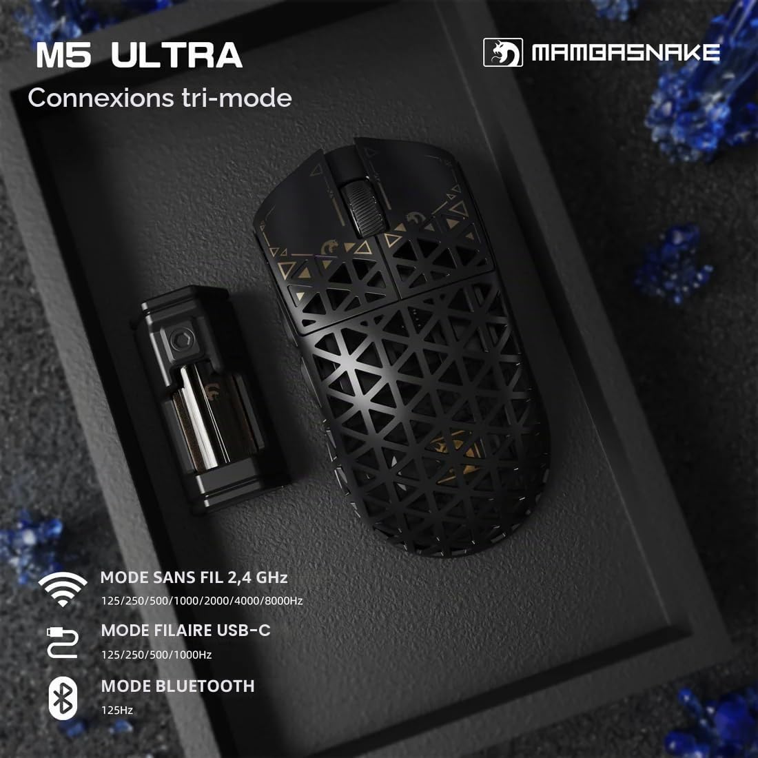 MAMBA SNK M5 Ultra Carbon Fiber Souris de jeu 8000 Hz, 39 g, 42000 DPI PAW3950MAX, puce Nordic 52840, Bluetooth/2.4G/USB-C