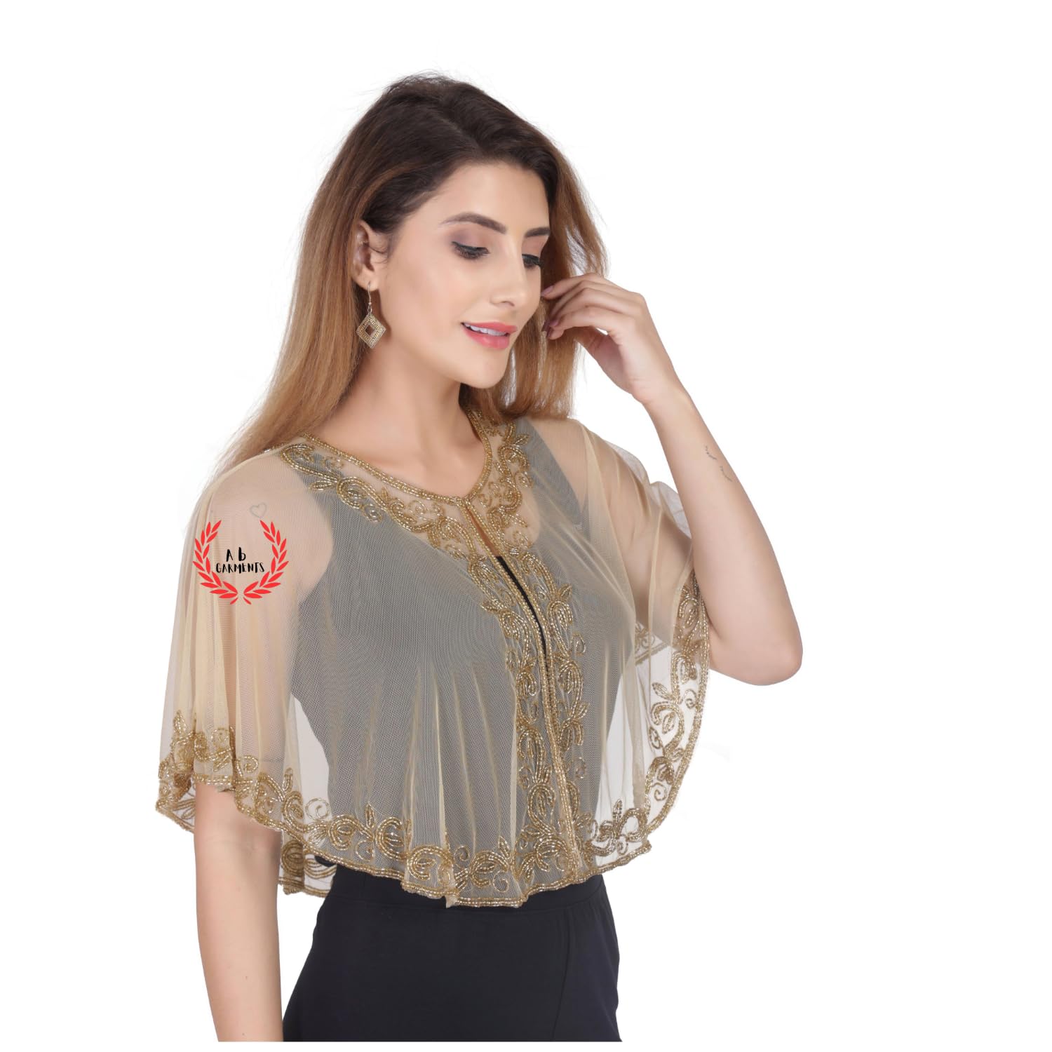 Women's Net Hand Bead Embroidery Designer Short Cape Shrugs Poncho-image-15