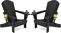 SERWALL HDPE Folding Adirondack Chairs Set of 2 with Dual Cup Holders - Weatherproof, 380lb Capacity, Black