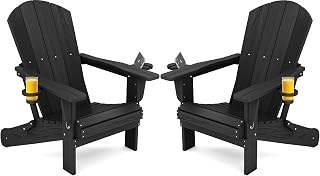 SERWALL HDPE Folding Adirondack Chairs Set of 2 with Dual Cup Holders - Weatherproof, 380lb Capacity, Black