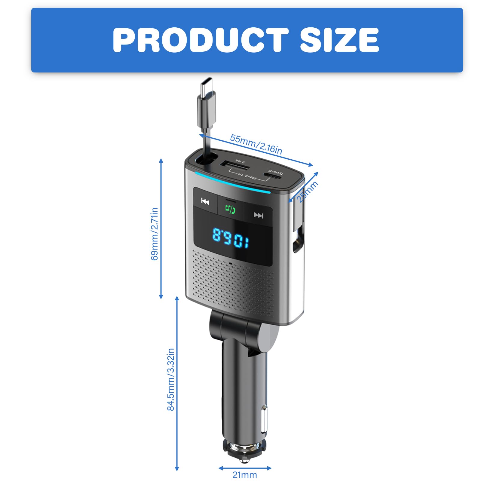 Adaptateur Bluetooth 5.3 80,5 W pour voiture, allume-cigare 3 en 1, émetteur USB & FM, avec câble rétractable de type C de 1 m, 24 V/12 V, adaptateur USB voiture avec kit mains libres pour iPhone