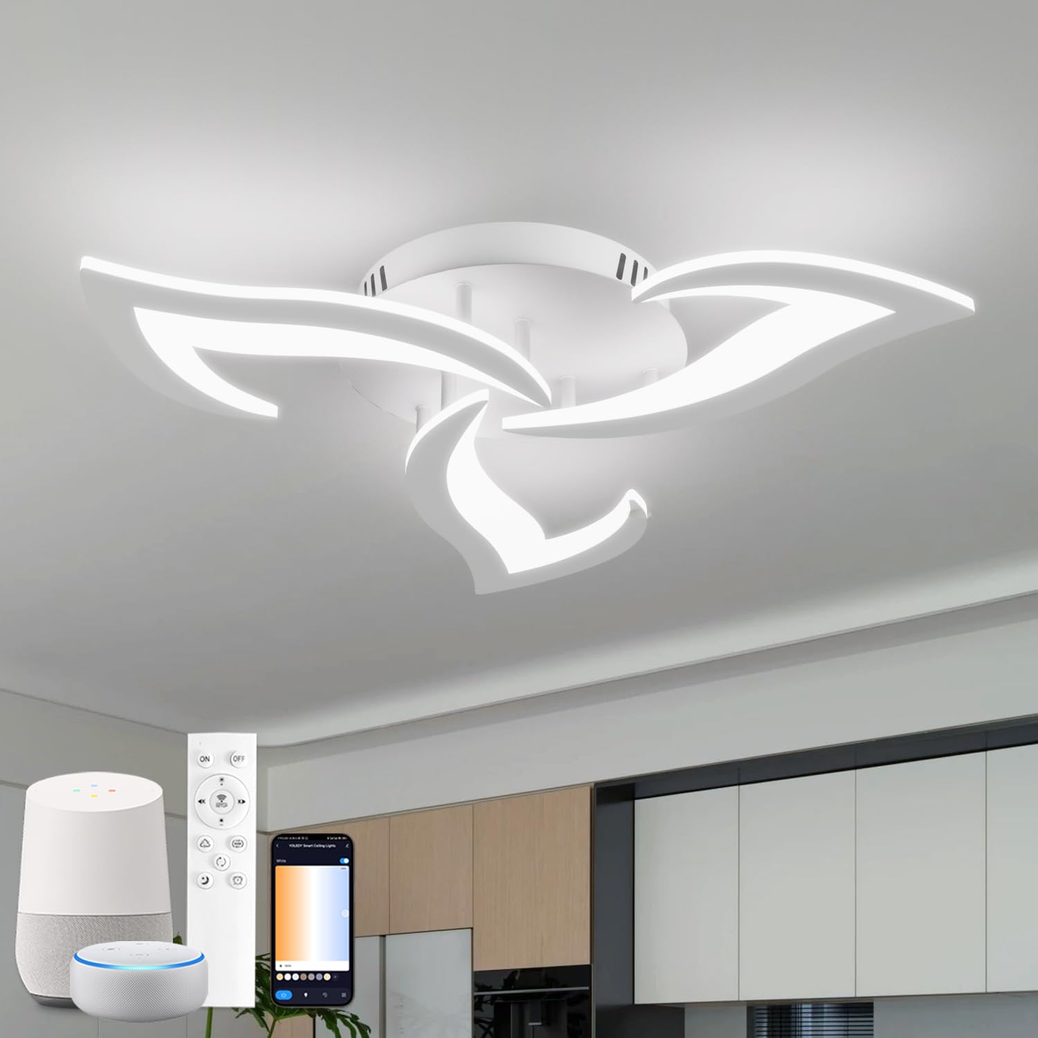 Plafoniera Smart Compatibile con Alexa, LED Dimmerabile con App e Controllo Vocale, Lampadario Moderno a Fiore con Telecomando per Camera da Letto, Sala da Pranzo, Cucina, WiFi 2.4GHz, Bianco
