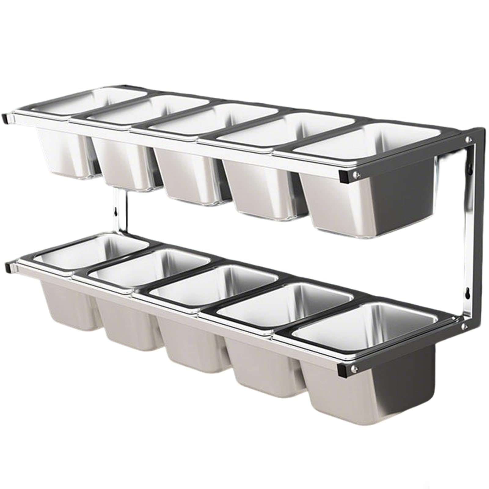 MYUYEE 2 Tier Stainless Steel Pizza Topping Station With Lids & Spoons Wall Mounted Spice Rack For Kitchen & Restaurant 6/8/10 Compartment Seasoning(10Cm(4In)-5Pcs-A)
