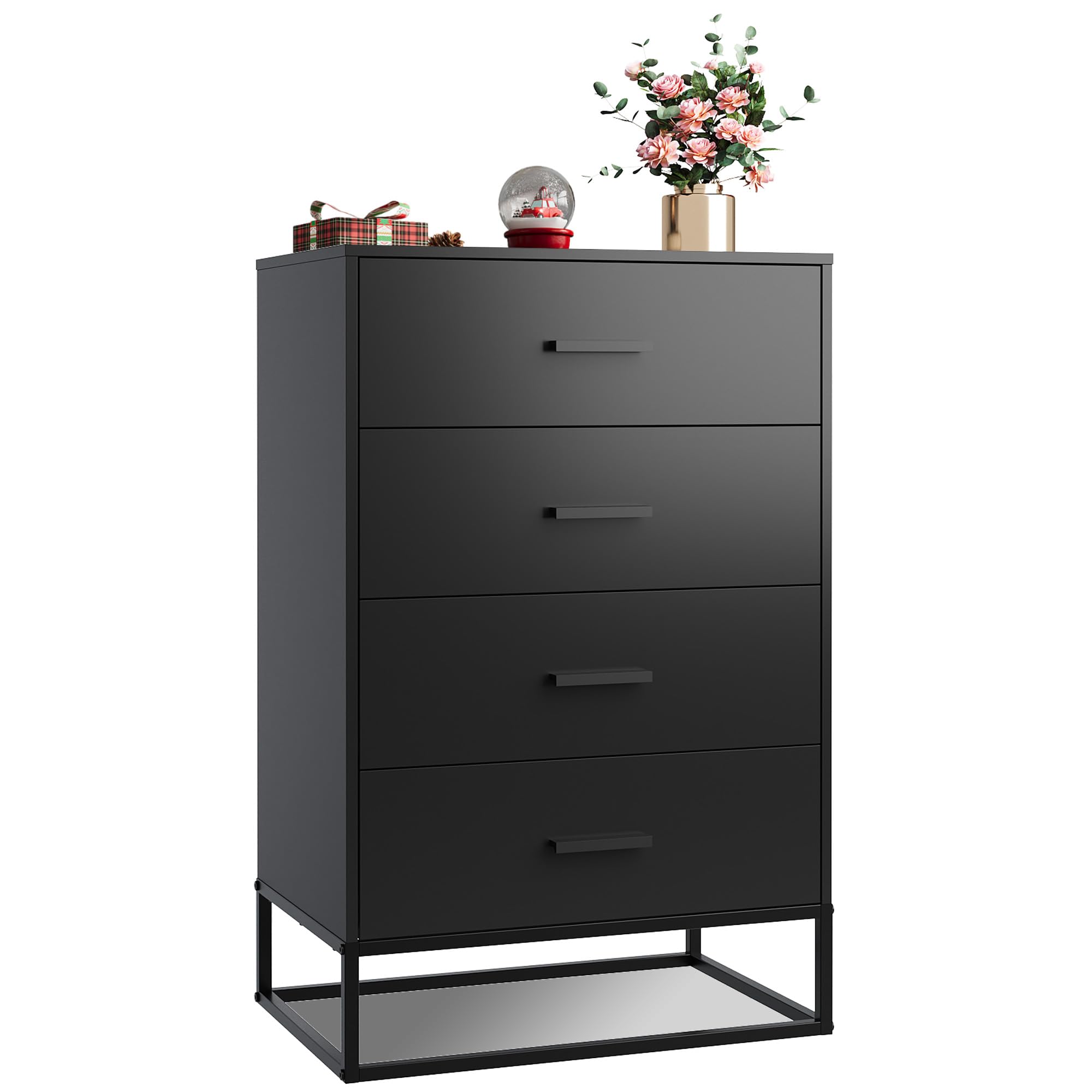 Black Dresser for Bedroom with 4 Drawers, Tall Wood Dresser with Sturdy Metal Frame, Wooden Chest of Drawers for Hallway, Living Room, Closet
