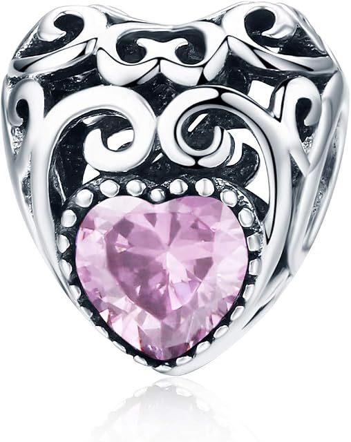 NINGAN Birthstone Openwork Heart Bead Charms 925 Sterling Silver Fits European Charm Bracelets Necklaces