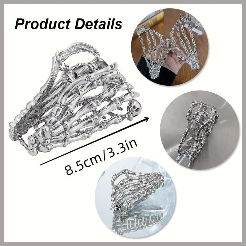 Alloy Skull Hand Hair Claw Clips - Funny Punk Strong Hold for Thick and Thin Hair, Metal Silver Non-Slip Hair Accessories for Halloween Party Gift - Image 3