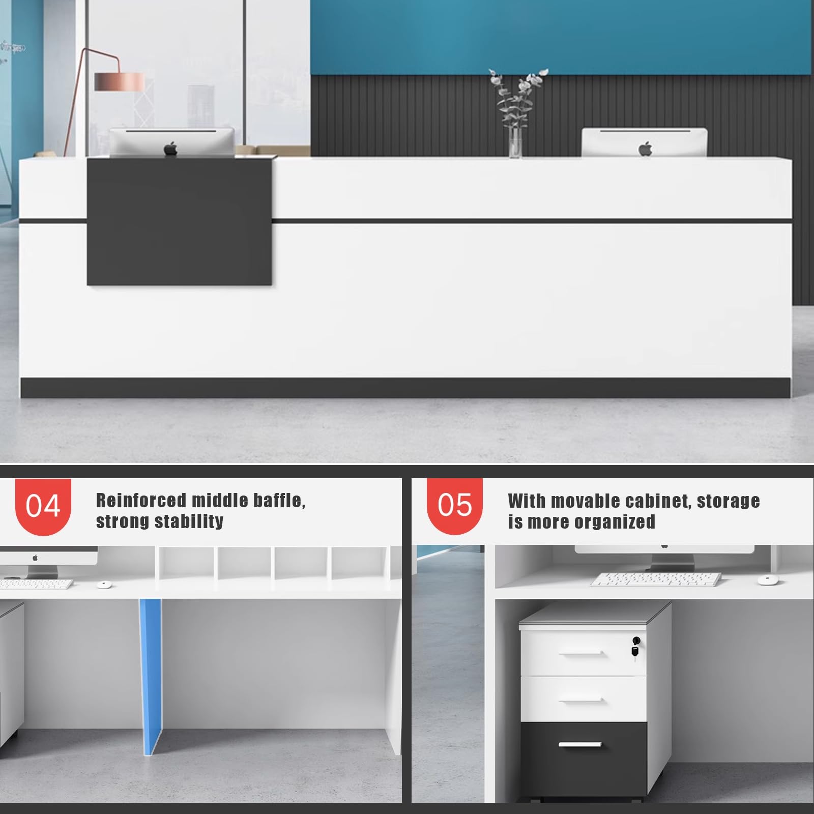 Mesa De Recepción En Forma De L Con Vitrina De Cristal - 120x103x100 Cm, Blanco, Con Cajón Para Teclado Y Luces