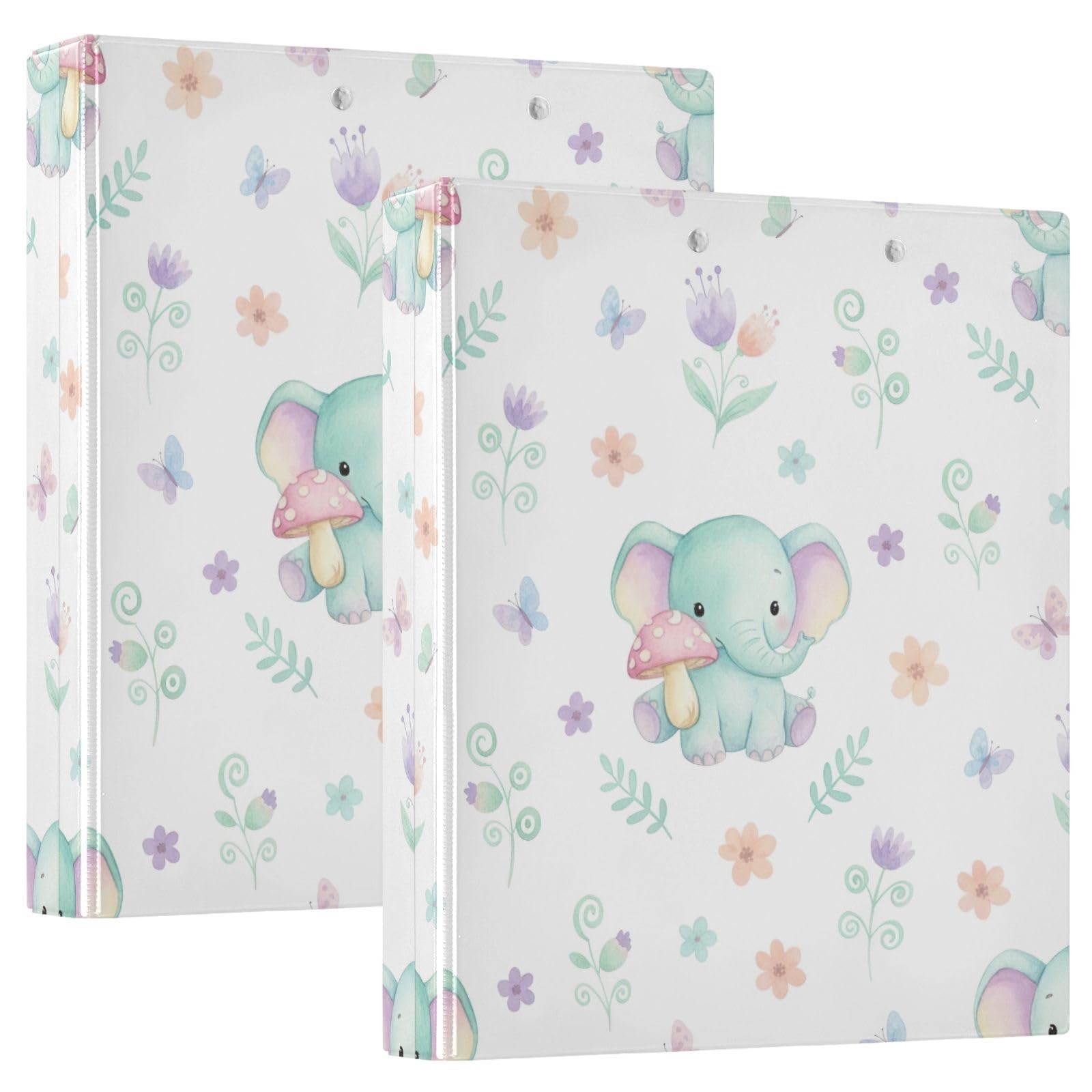 Confezione da 2 raccoglitori ad anelli con 3 anelli, motivo elefante pastello color foglia di tè, con portablocco, grandi raccoglitori a 3 anelli, per scuola, università, ufficio