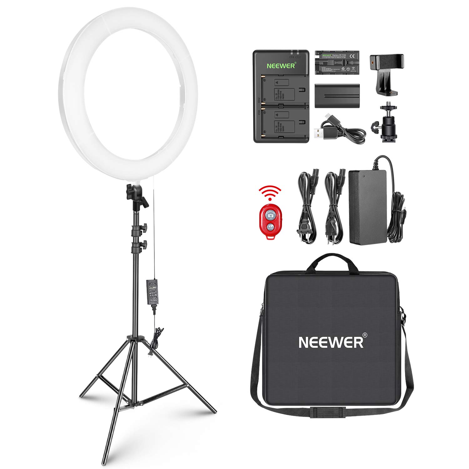 Neewer Ring Light LED 18 Pouces Kit pour Vidéo Youtube Maquillage Salon - Température Couleur Réglable Anneau de Lumière avec Pied et Porte-Smartphone (Blanc)