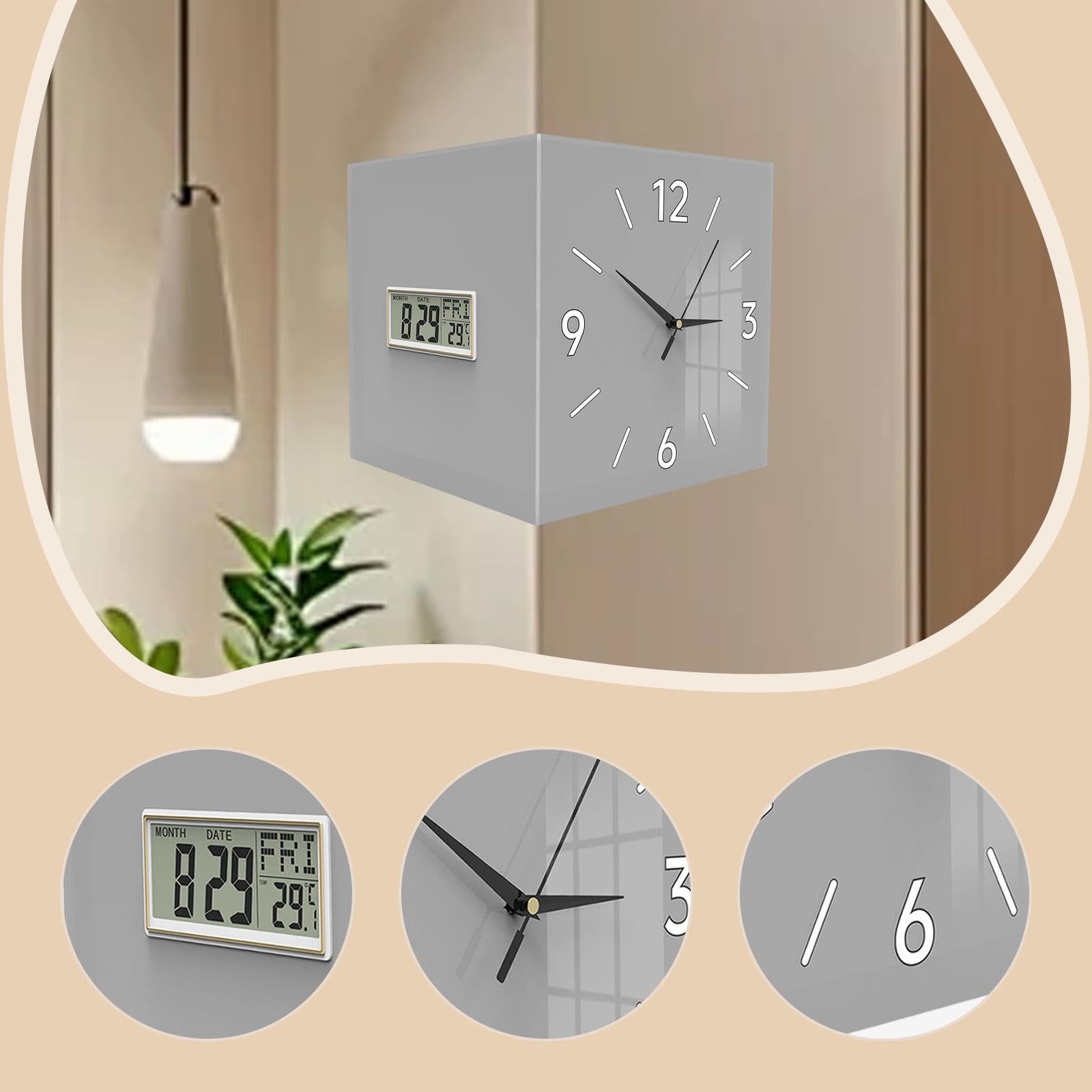 perfk Orologio da Parete angolare bifacciale Orologio Digitale con visualizzazione della Temperatura, del Mese, della Settimana per la Decorazione, Grigio