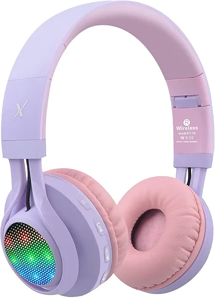Riwbox WT-7S Kids Bluetooth Headphones Light Up, Foldable Stero Wireless Headset,with Microphone and Volume Control,Comfortable and Durable,for PC/Tablet/TV/Travel(Purple)