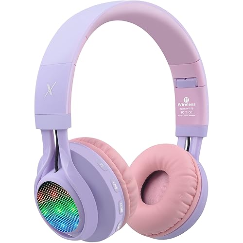 Riwbox WT-7S Kids Bluetooth Headphones Light Up, Foldable Stero Wireless Headset with Microphone and Volume Control for PC/Tablet/TV/Travel (Purple)