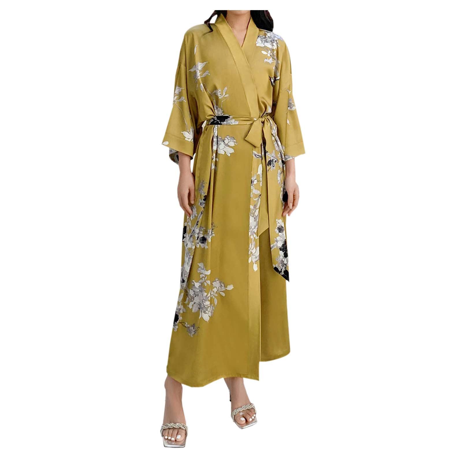 Costume 2026 pour femme Kimono luxueux en satin avec motif floral pour femme, sensation cool, manches 3/4, long, décontracté, peignoir de bain, vêtements de nuit