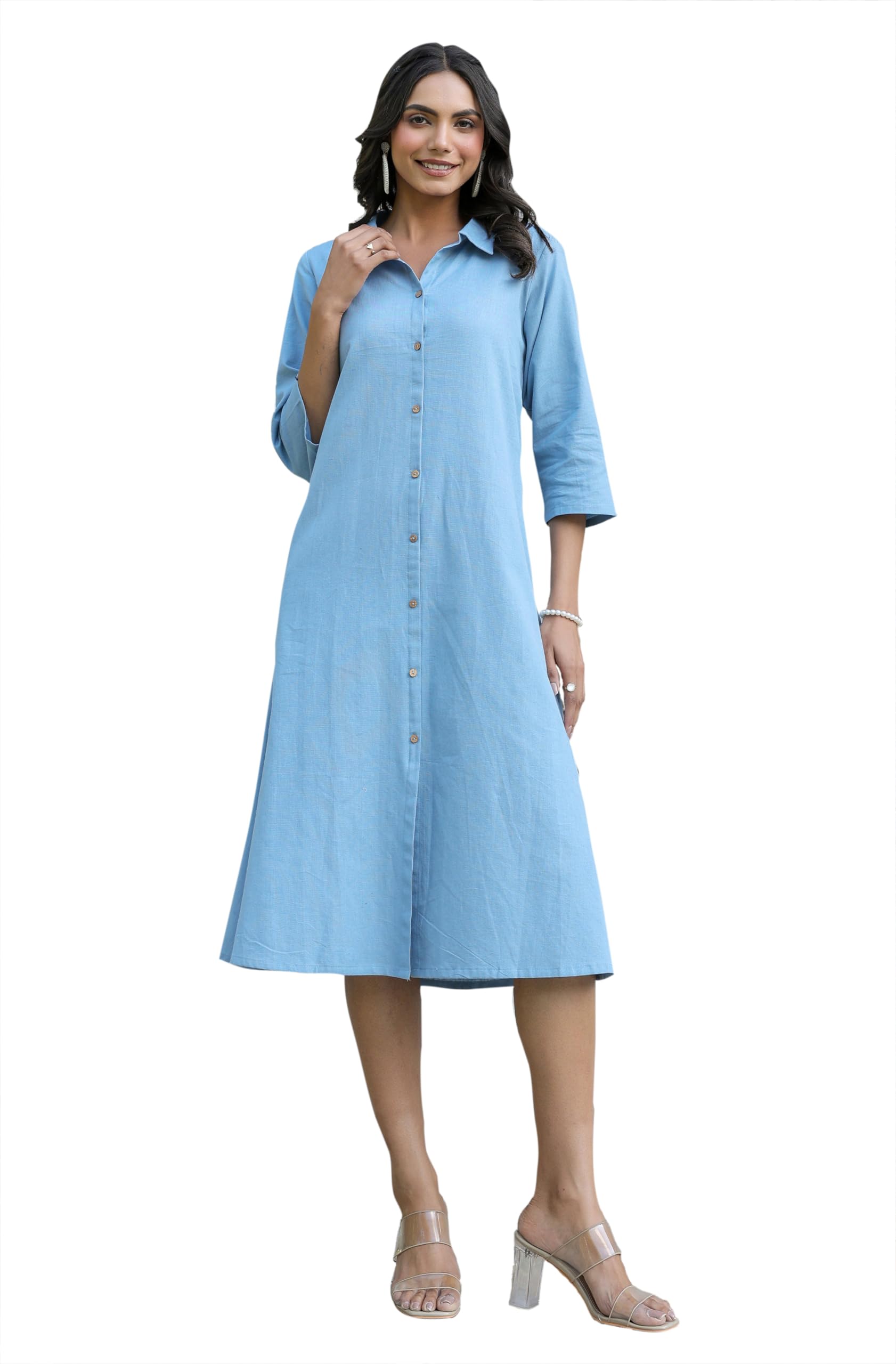 Janasya Women's Light Blue Linen Cotton Solid Button Down Shirt Style A-line Dress in blue