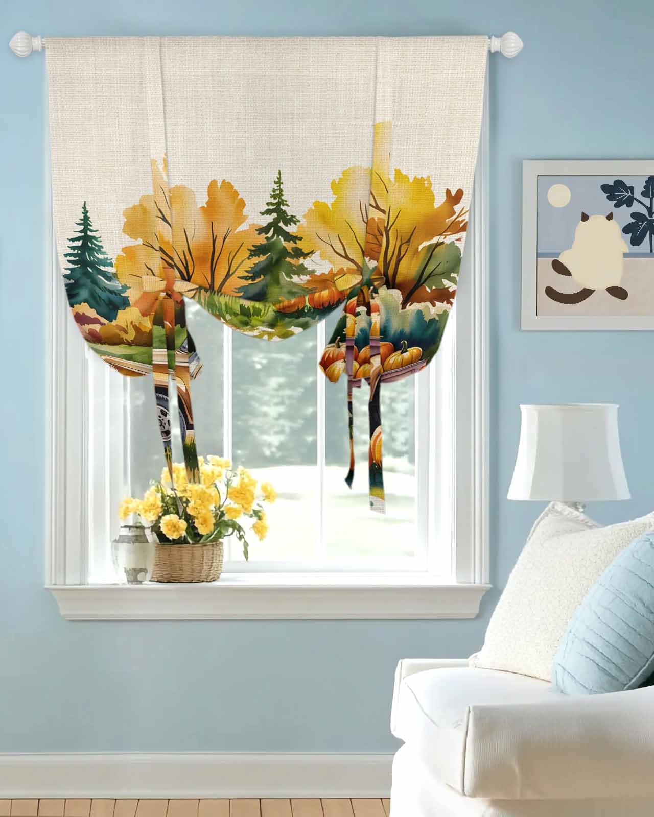 Tie Up Curtains for Windows Autumn Forest Truck Rod Pocket Tie-Up Window Shade Adjustable Balloon Curtain Valance Retro Pumpkin on Linen for Bedroom Kitchen Bathroom Blinds,52x45in