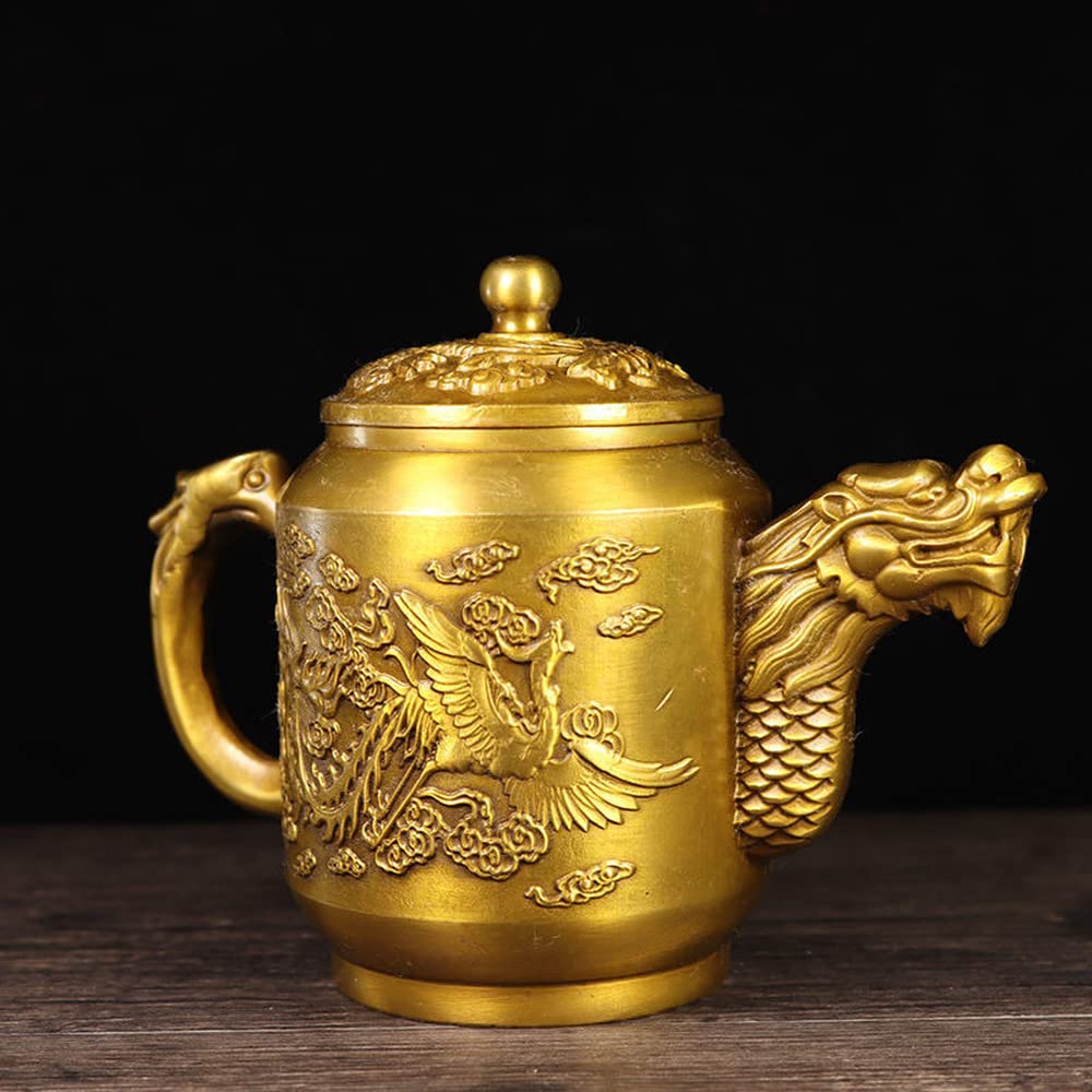 Service à thé théière en Laiton 15 cm Dragon Phoenix Collection Ornements de décoration pour la Maison Antique