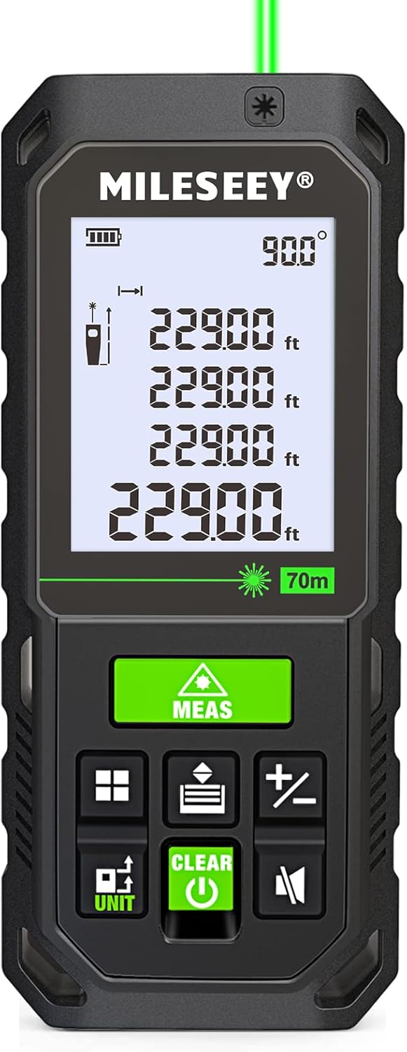 Mileseey Green-Beam Laser Measuring Tool with Digital Angle Level, Green Light Laser Tape Measure with Angle Sensor, 230 ft, IP65, Pythagorean, Distance, Area, Volume Measuring, ±1/16in Accuracy