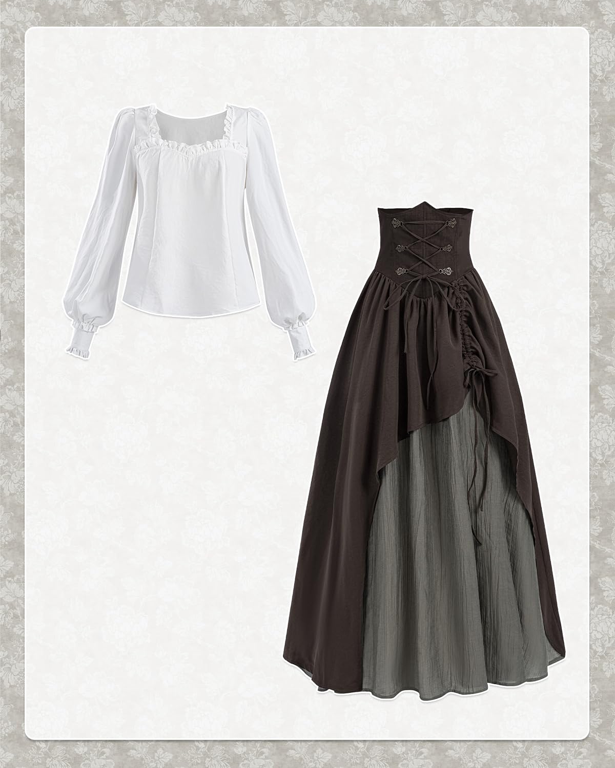 CR ROLECOS Mittelalter Kleidung Damen 2-teiliges Kostüm Cocktailkleid Langarm Vintage Gothic Piraten Kleid Viktorianisches Ballkleid