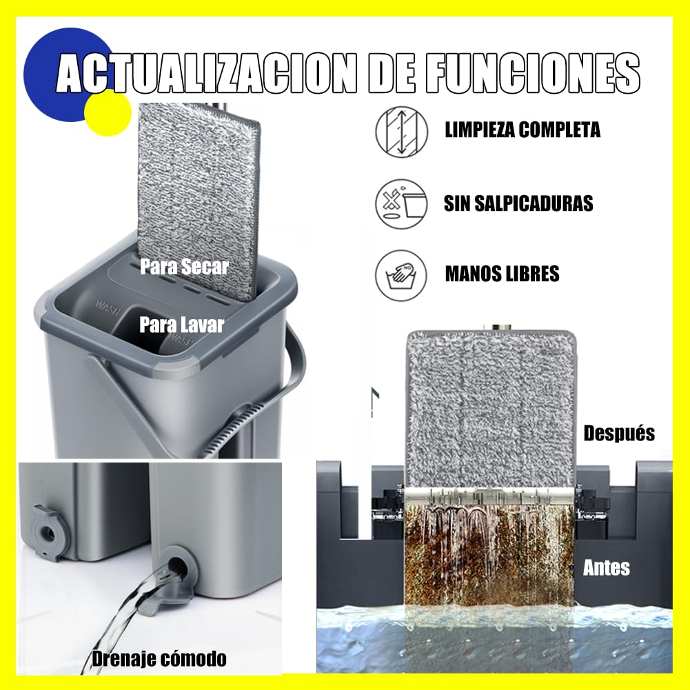 Mopa Multifuncional para Azulejos Paredes y Suelos con Cubo Escurridor Sistema Autoescurrible Cepillo 6 Almohadillas de Microfibra Limpieza Tarima Atrapa Polvo Trapeador Escurre Fácil Mop Ventanas