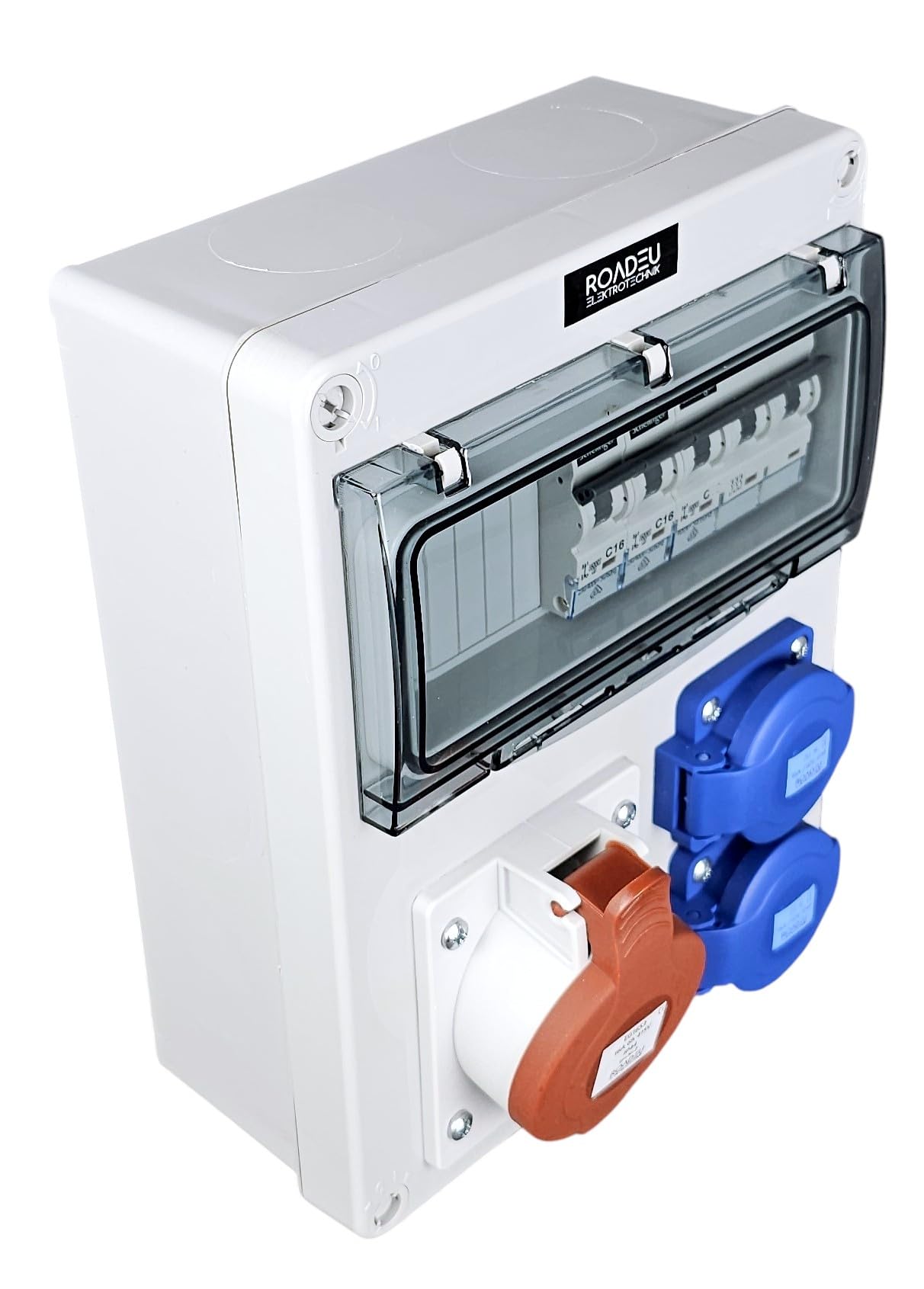 RoadEu Cuadro CEE 400V IP44 con CEE 32A y 2 tomas Schuko | Magnetotérmicos C32A 3P y C16A 1P VDE, cableado 6 mm² / 2,5 mm², precableado