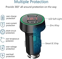 Vista 6 de PALUMMA Cargador de coche USB dual de 24 W/4.8 A, salida de 12 V a USB con encendedor de cigarrillos Medidor de voltaje Pantalla LED/LCD Batería