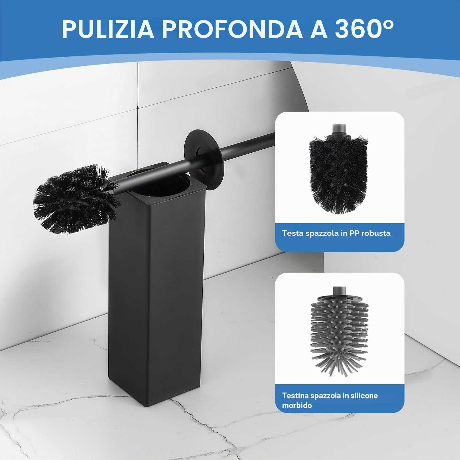 BGL Scopino e supporto per WC, porta scopino in silicone con 2 testine, spazzola quadrata in alluminio per la pulizia del bagno